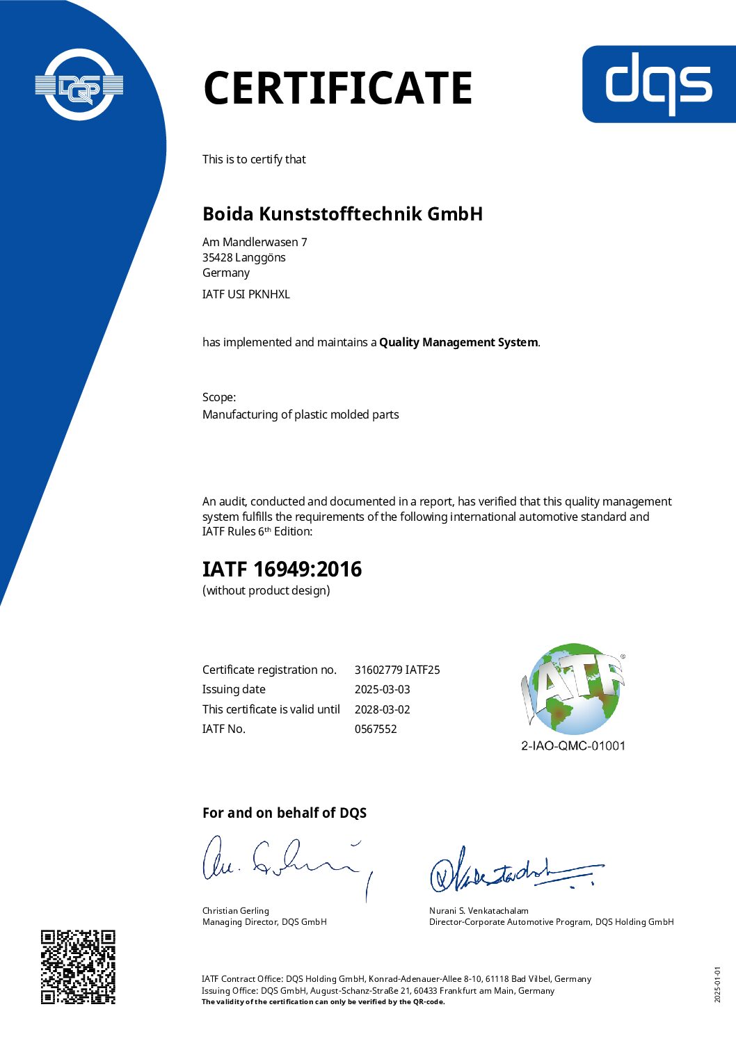 Cetificate Boida Kunststofftechnik GmbH CERTIFICATE englisch 2025 03 03 IATF25 pdf